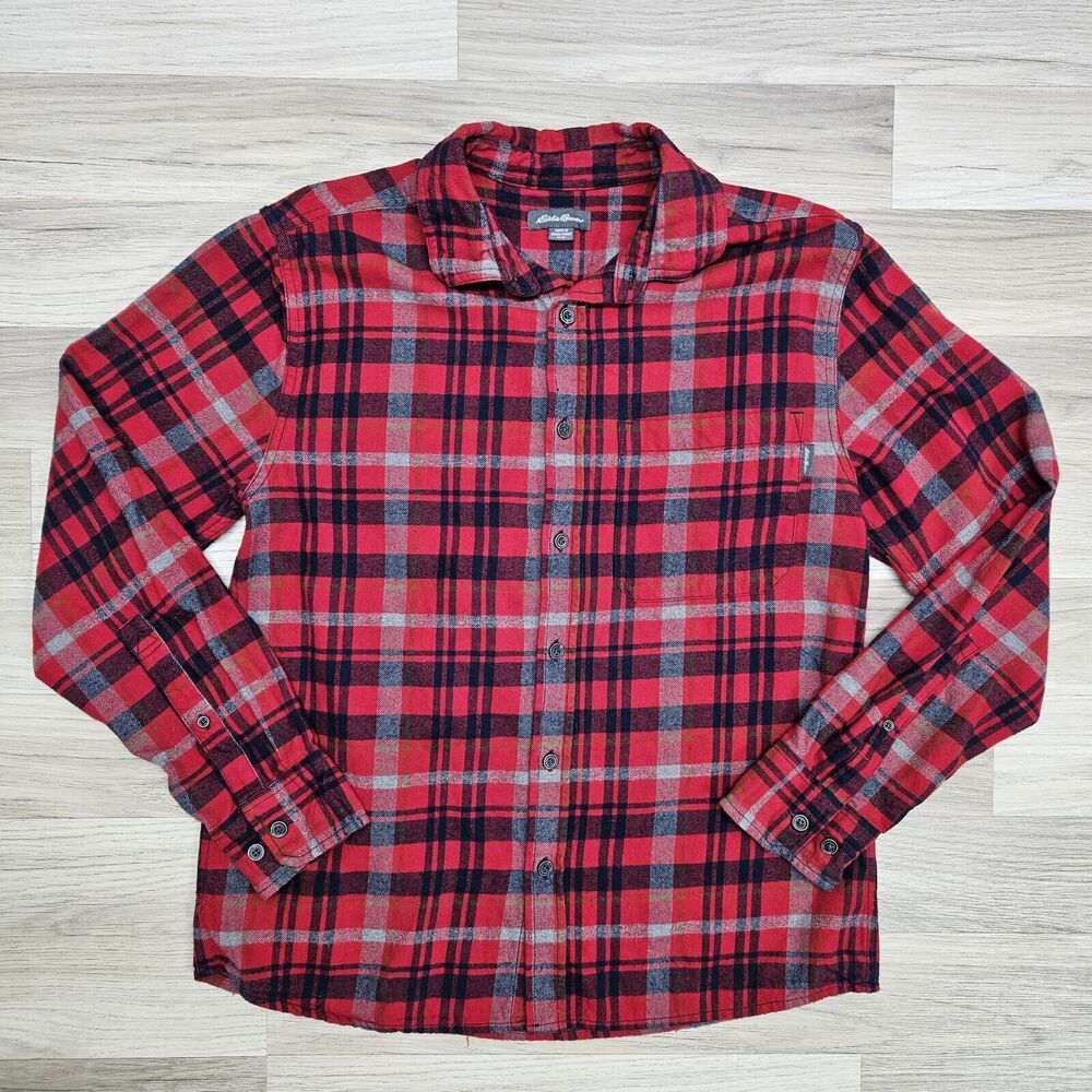 EDDIE BAUER Mens Red Blue Plaid Longsleeve Button Front Shirt Size Medium